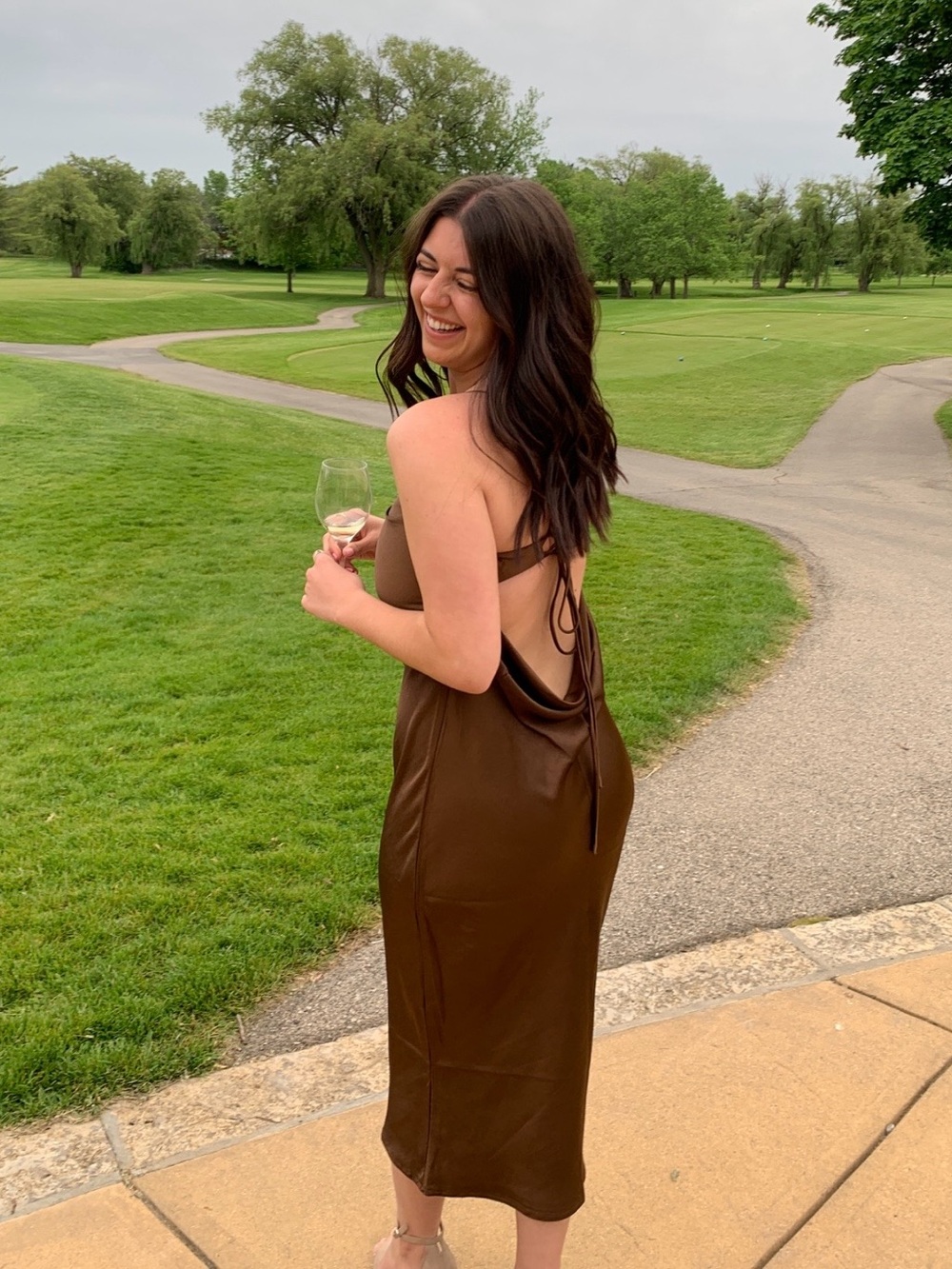 Open-Back Satin Maxi/Midi Fortunate One Dress in Brown